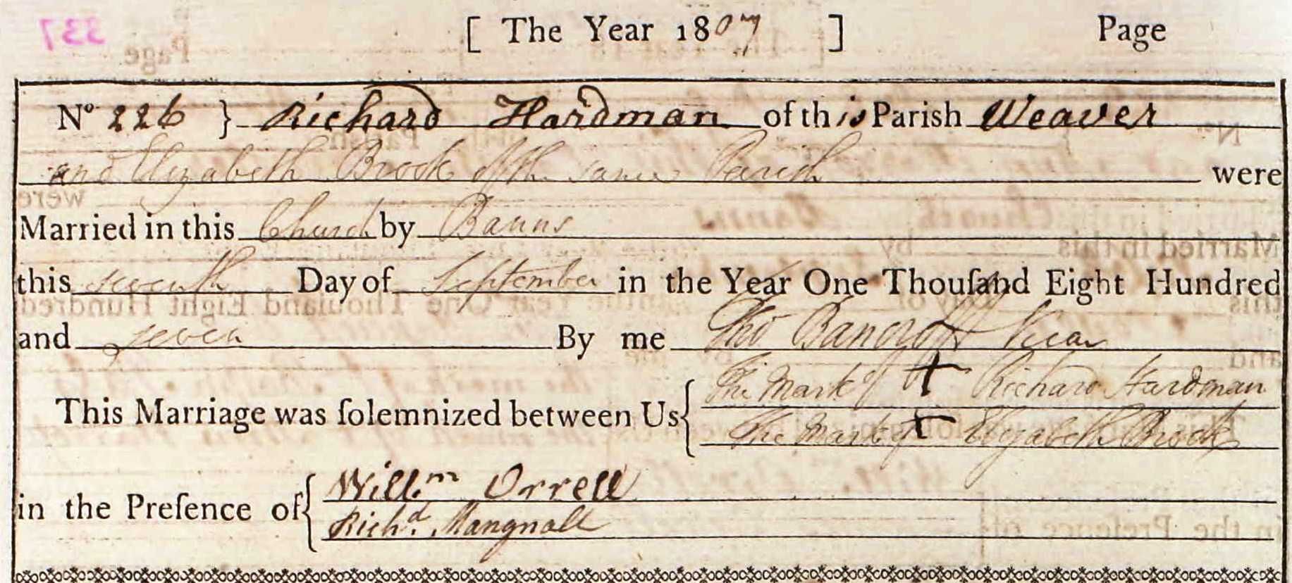 Taken on September 7th, 1807 and sourced from Certificate - Marriage.