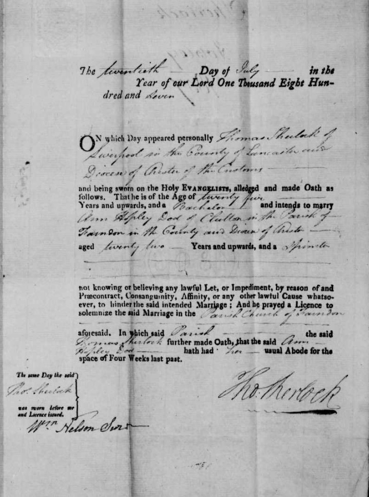 Taken on July 20th, 1807 and sourced from Certificate - Banns / License.