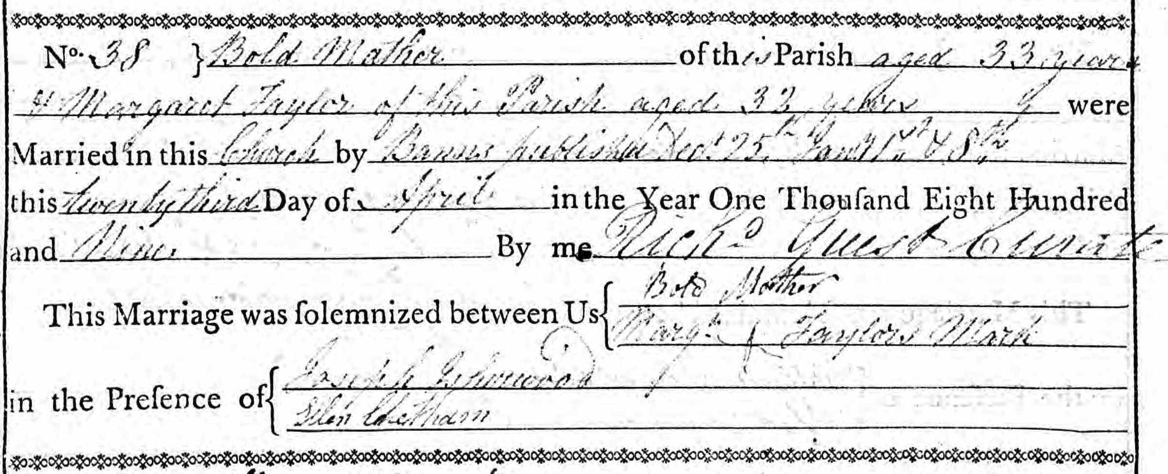 Taken on January 8th, 1809 and sourced from Certificate - Marriage.