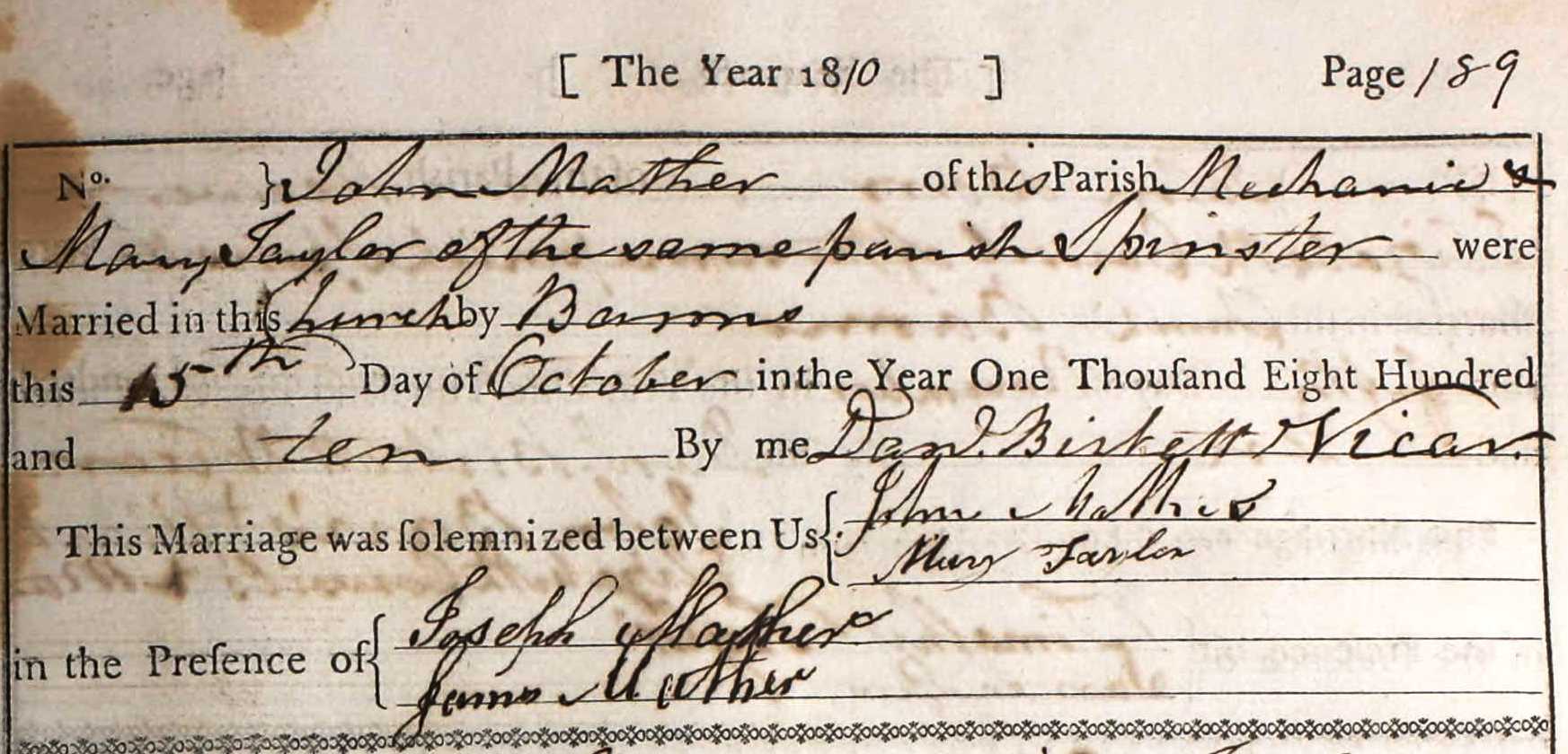 Taken on October 15th, 1810 and sourced from Certificate - Marriage.