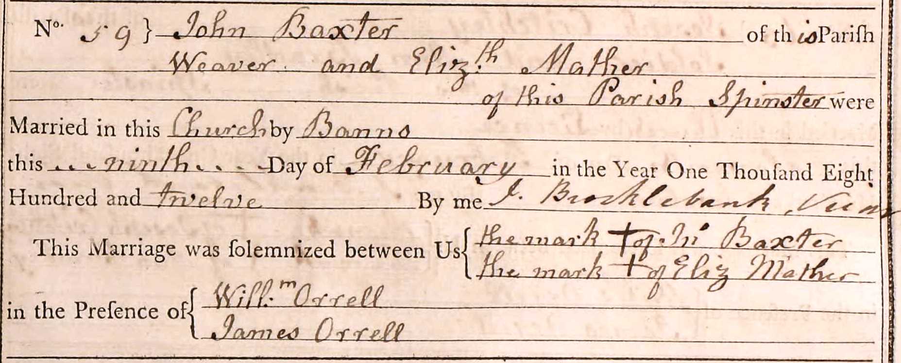 Taken on February 9th, 1812 and sourced from Certificate - Marriage.