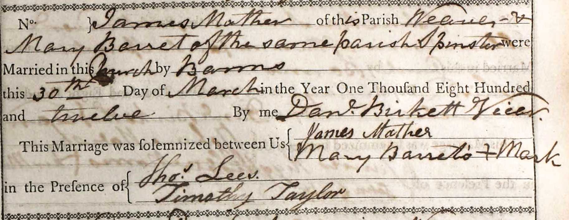 Taken on March 30th, 1812 and sourced from Certificate - Marriage.