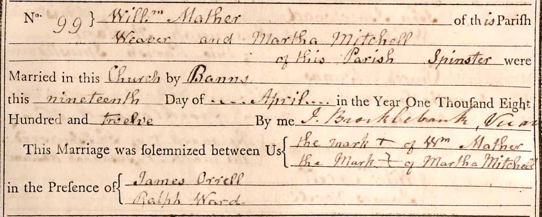 Taken in 1812 and sourced from Certificate - Marriage.