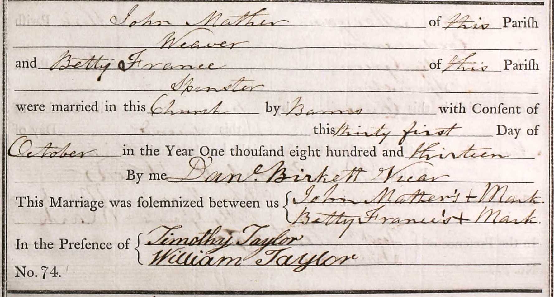 Taken on October 31st, 1813 and sourced from Certificate - Marriage.