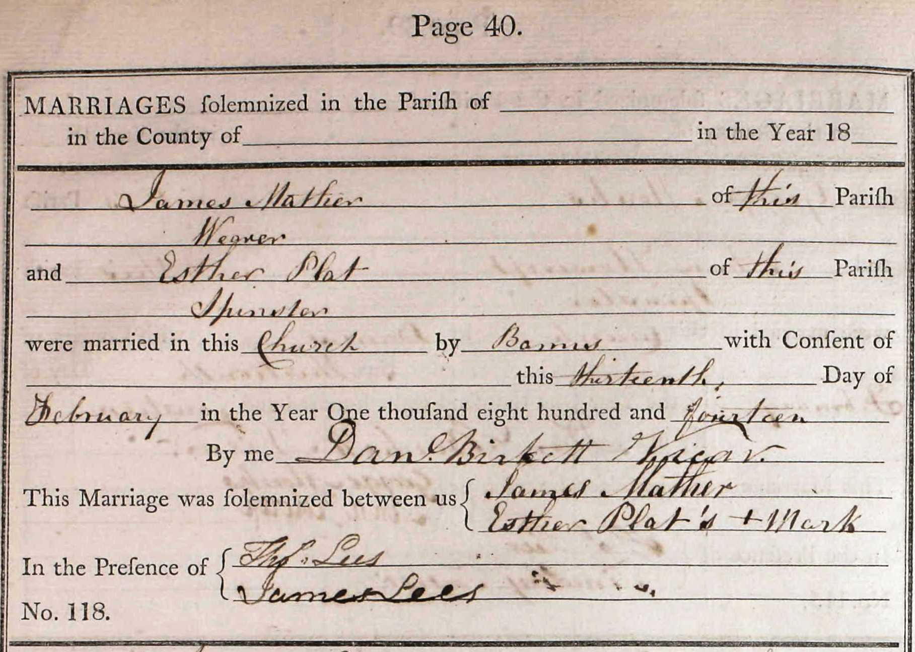 Taken on February 13th, 1814 and sourced from Certificate - Marriage.