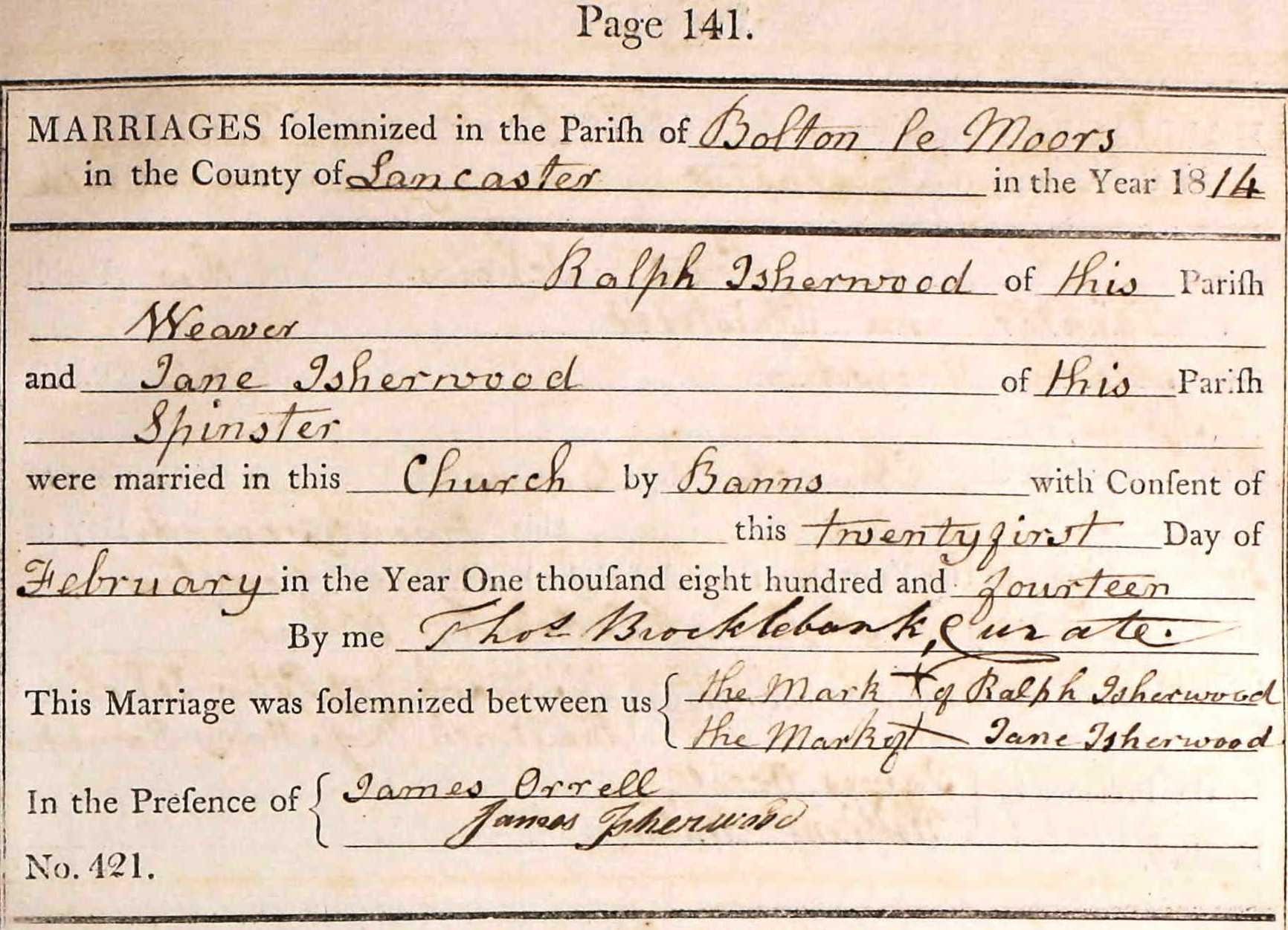 Taken on February 21st, 1814 and sourced from Certificate - Marriage.