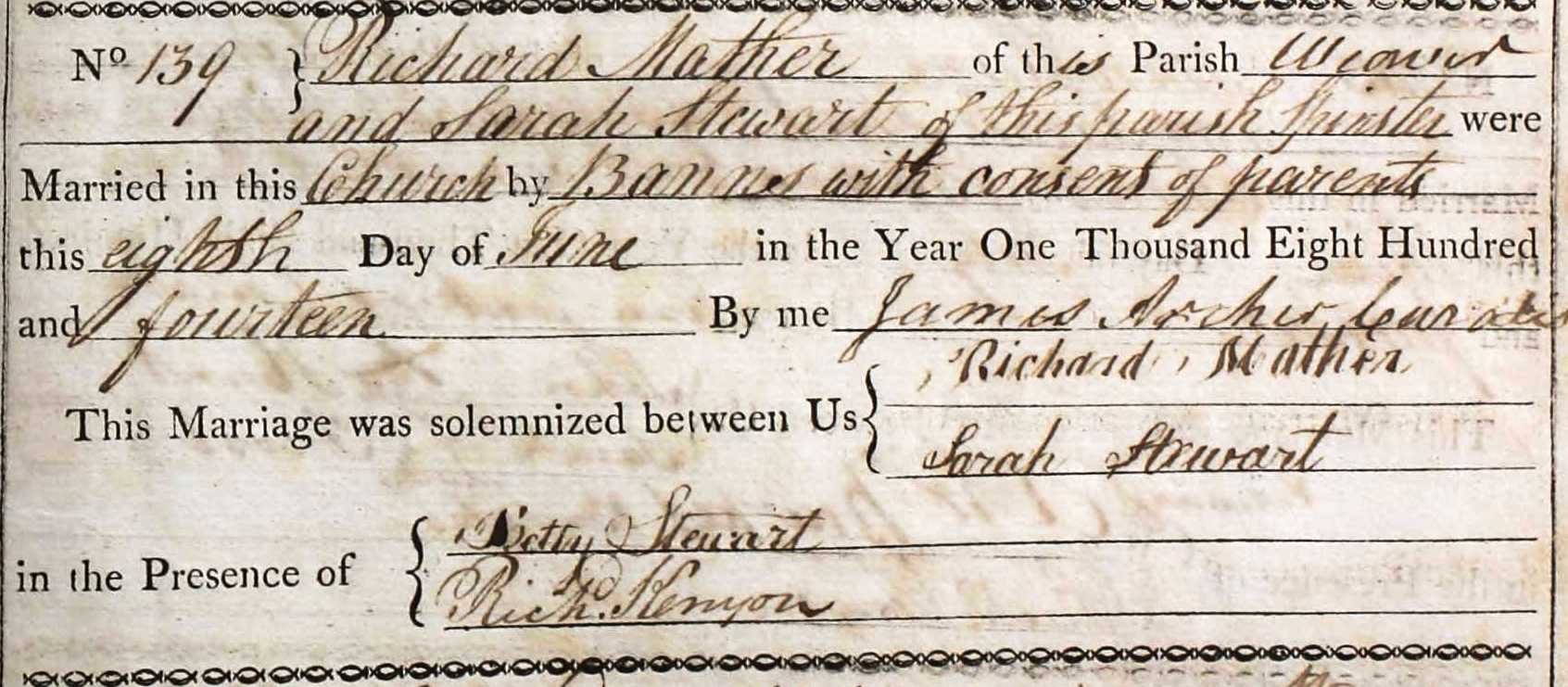 Taken on June 8th, 1814 and sourced from Certificate - Marriage.