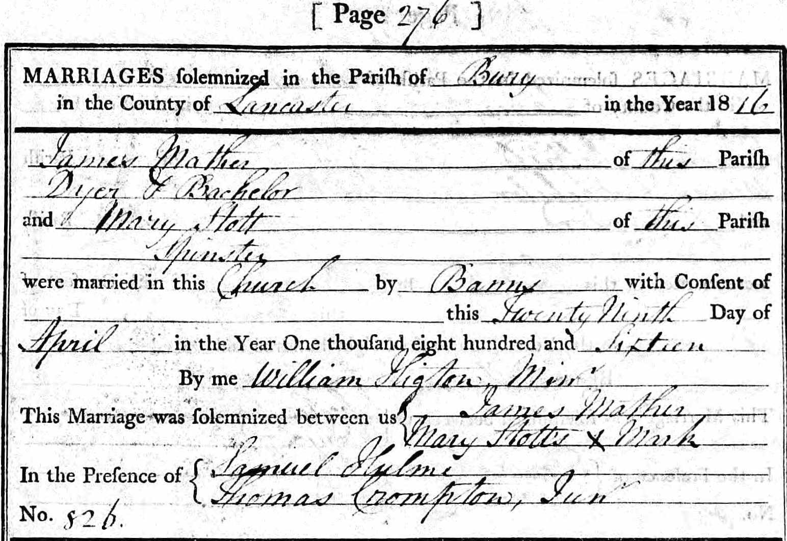 Taken on April 29th, 1816 and sourced from Certificate - Marriage.