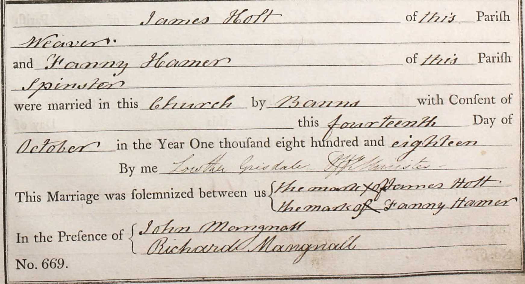 Taken on October 14th, 1818 and sourced from Certificate - Marriage.