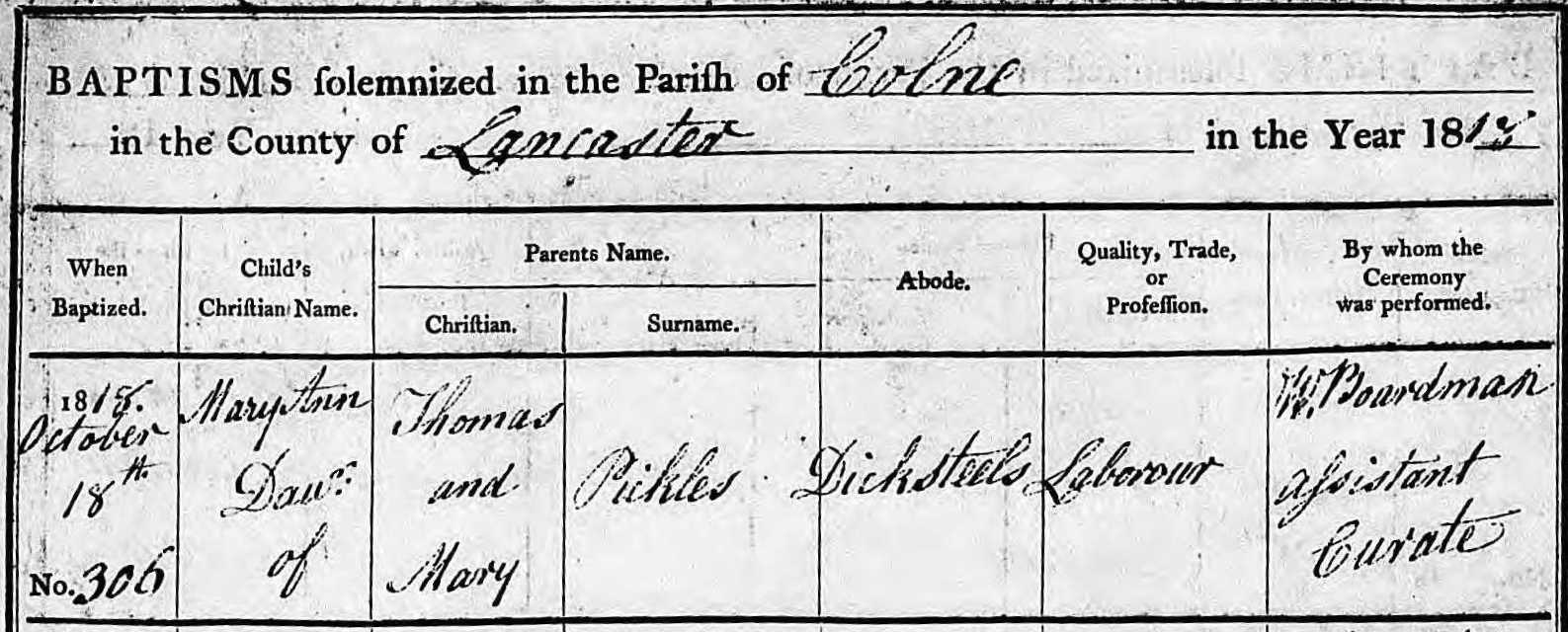 Taken on October 18th, 1818 at DickStiles and sourced from Certificate - Baptism.