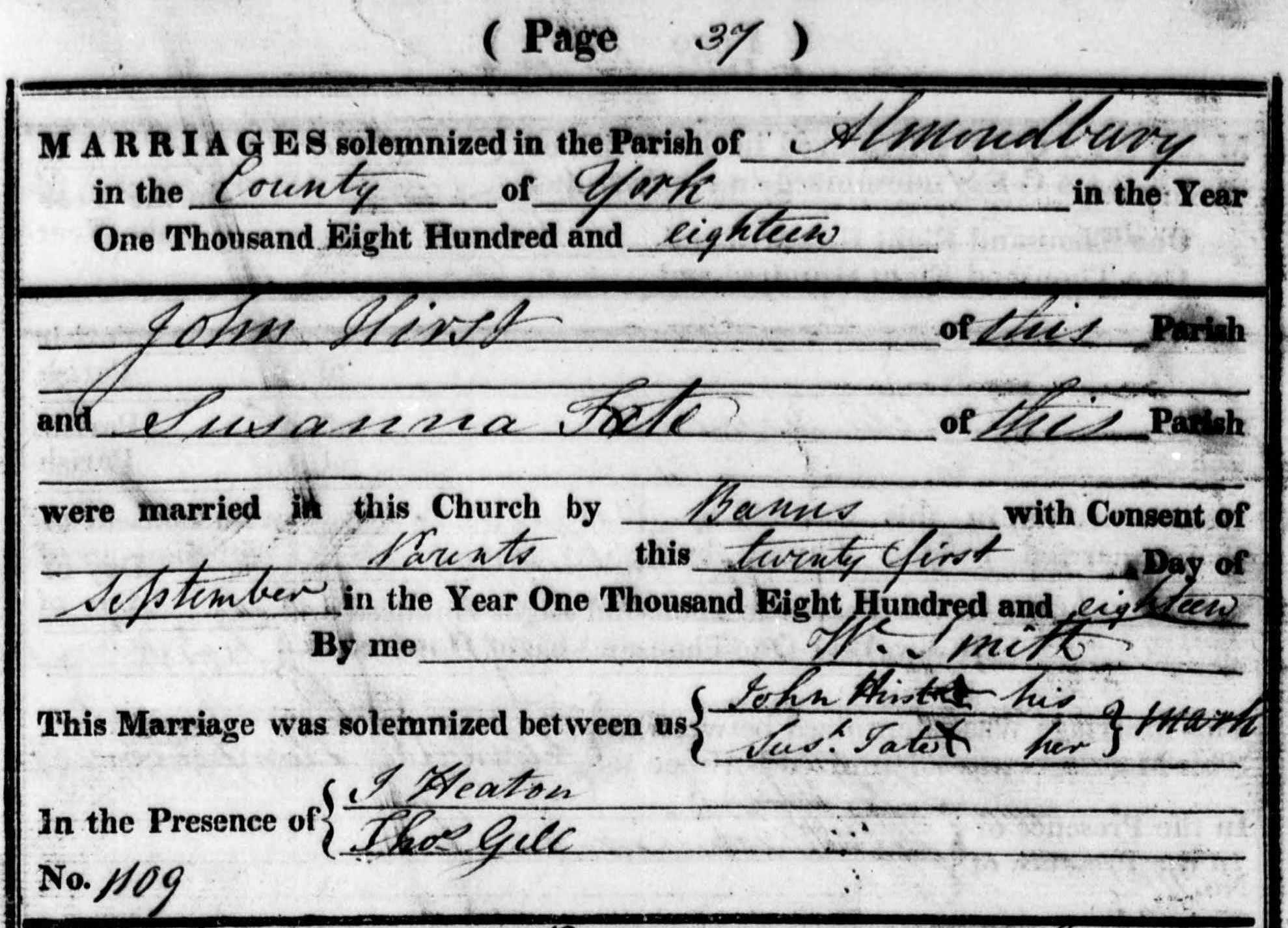 Taken on September 21st, 1818 and sourced from Certificate - Marriage.