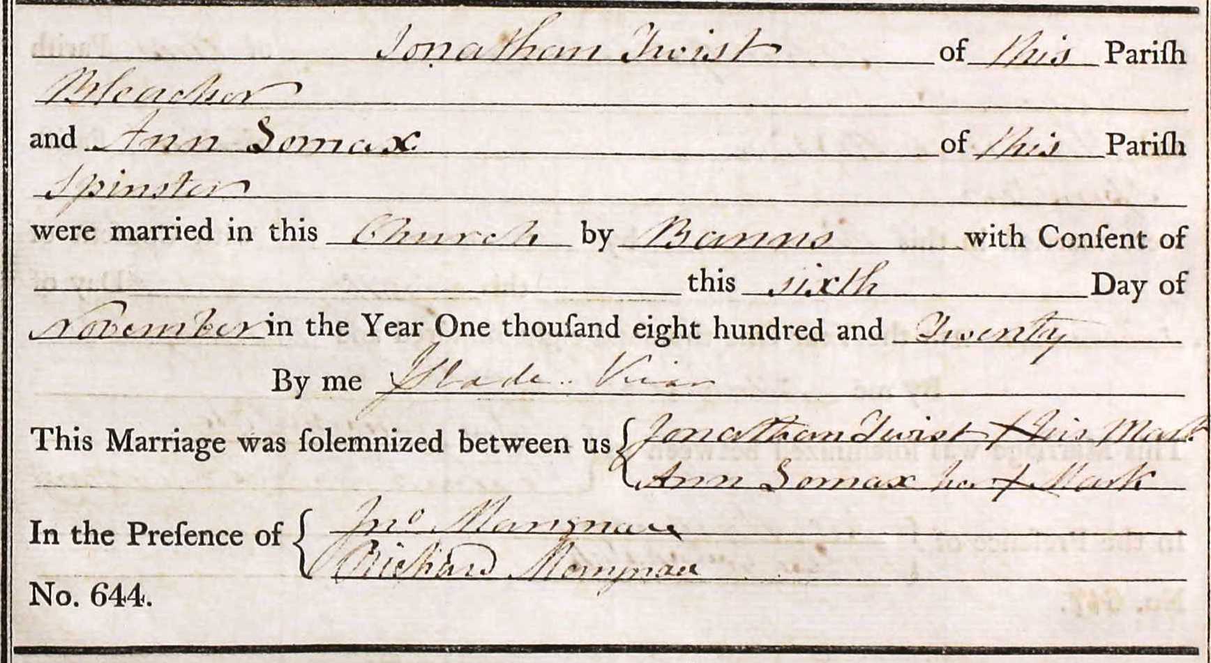 Taken on November 6th, 1820 and sourced from Certificate - Marriage.