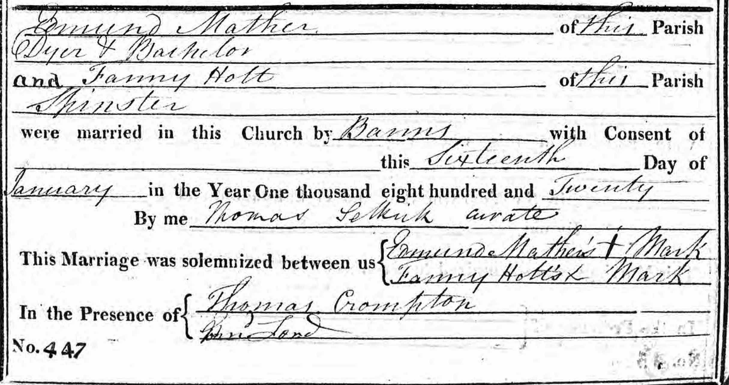 Taken on January 15th, 1820 and sourced from Certificate - Marriage.