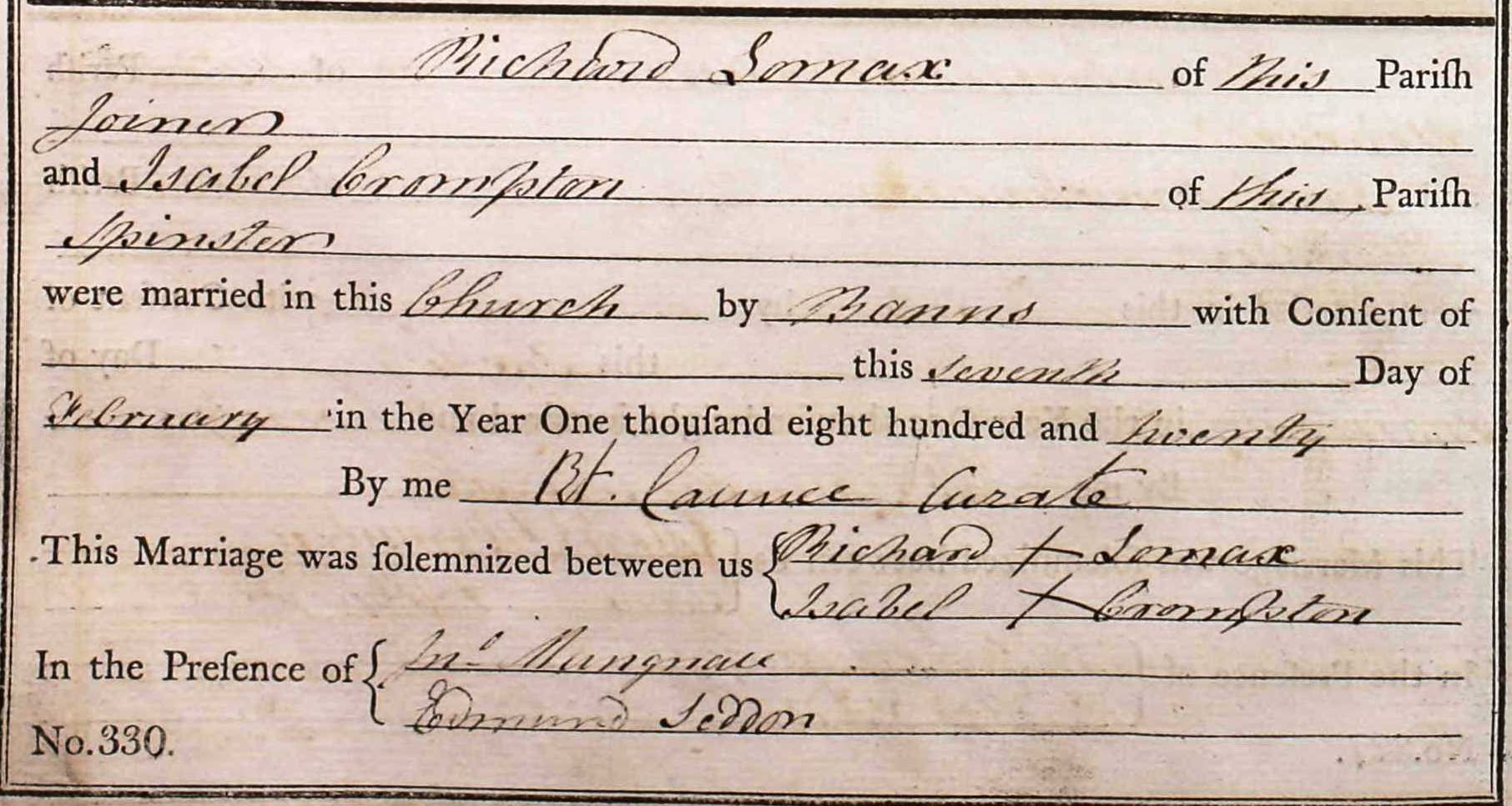 Taken on February 7th, 1820 and sourced from Certificate - Marriage.