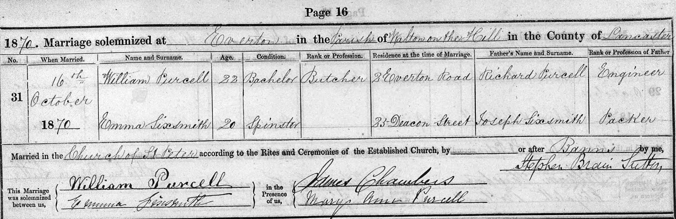 Taken on October 16th, 1870 and sourced from Certificate - Marriage.