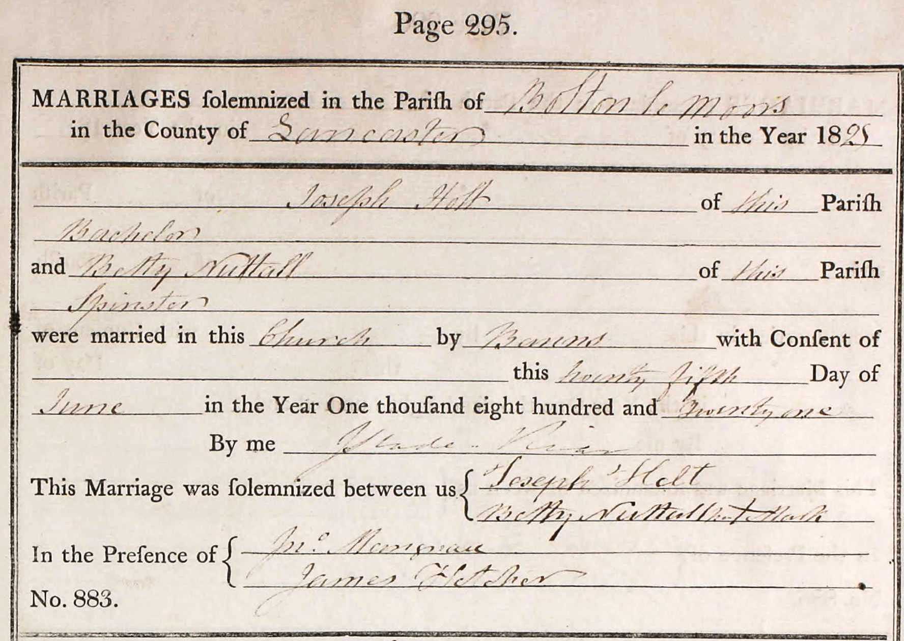 Taken on June 25th, 1821 and sourced from Certificate - Marriage.