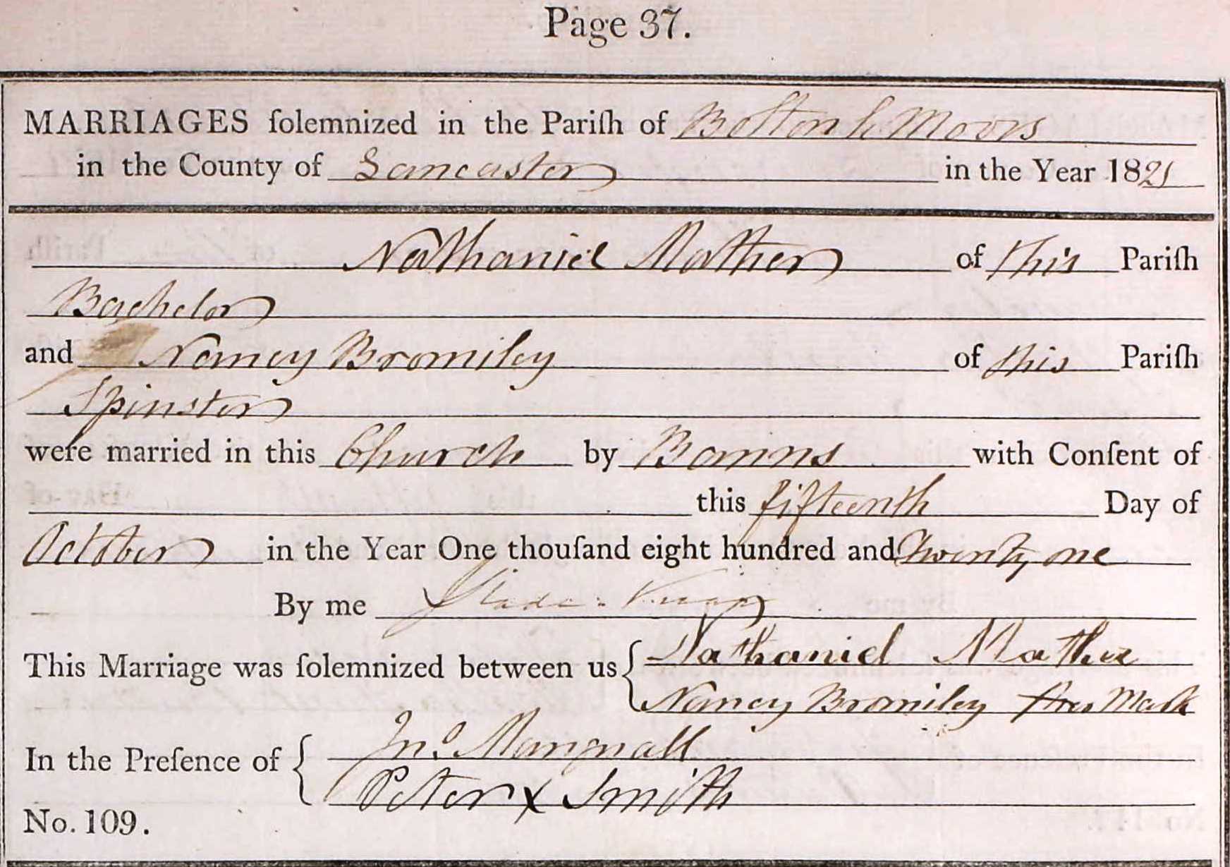 Taken on October 15th, 1821 and sourced from Certificate - Marriage.