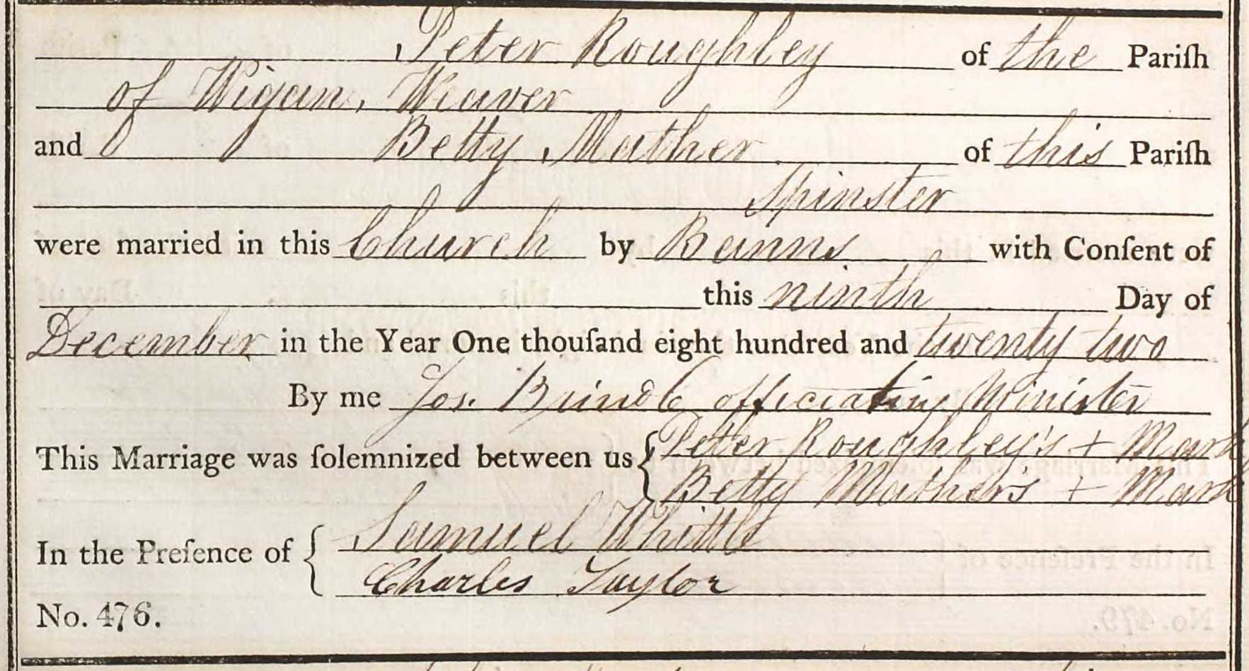 Taken on December 9th, 1822 and sourced from Certificate - Marriage.