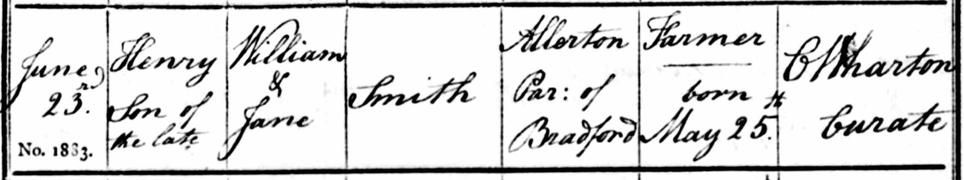 Taken in June 1822 in Bingley and sourced from Certificate - Baptism.