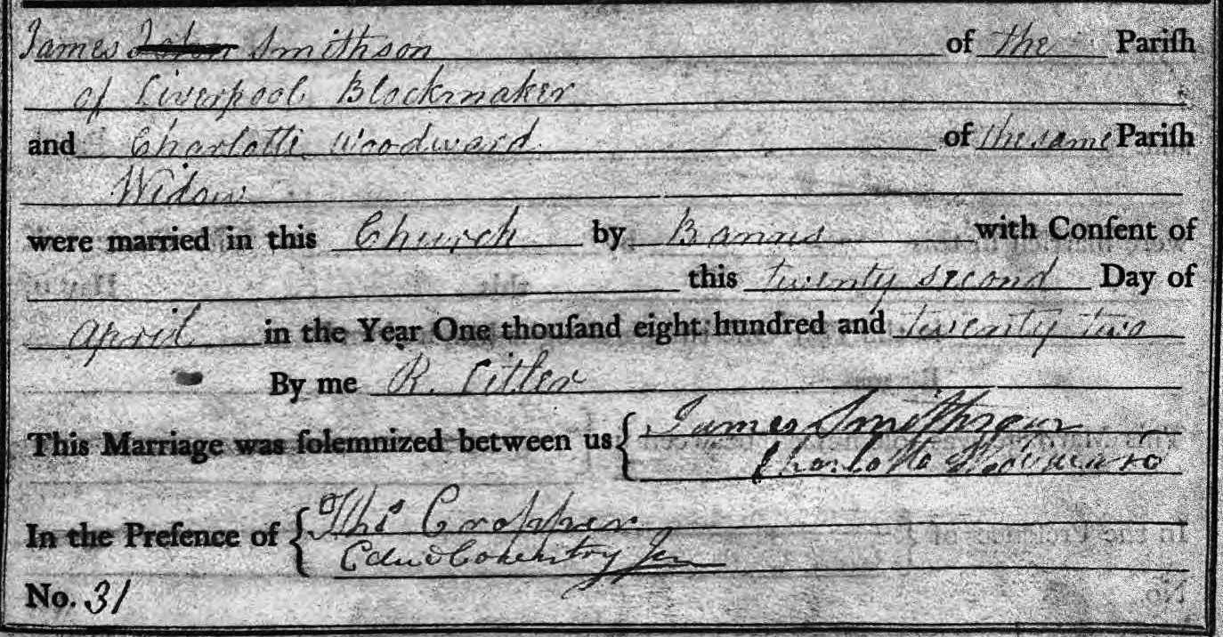 Taken on April 22nd, 1822 and sourced from Certificate - Marriage.