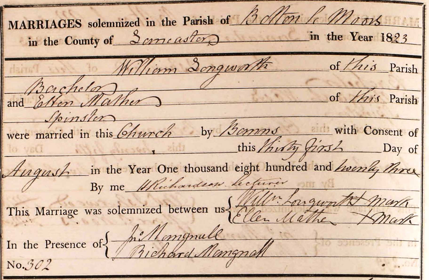 Taken on August 31st, 1823 and sourced from Certificate - Marriage.