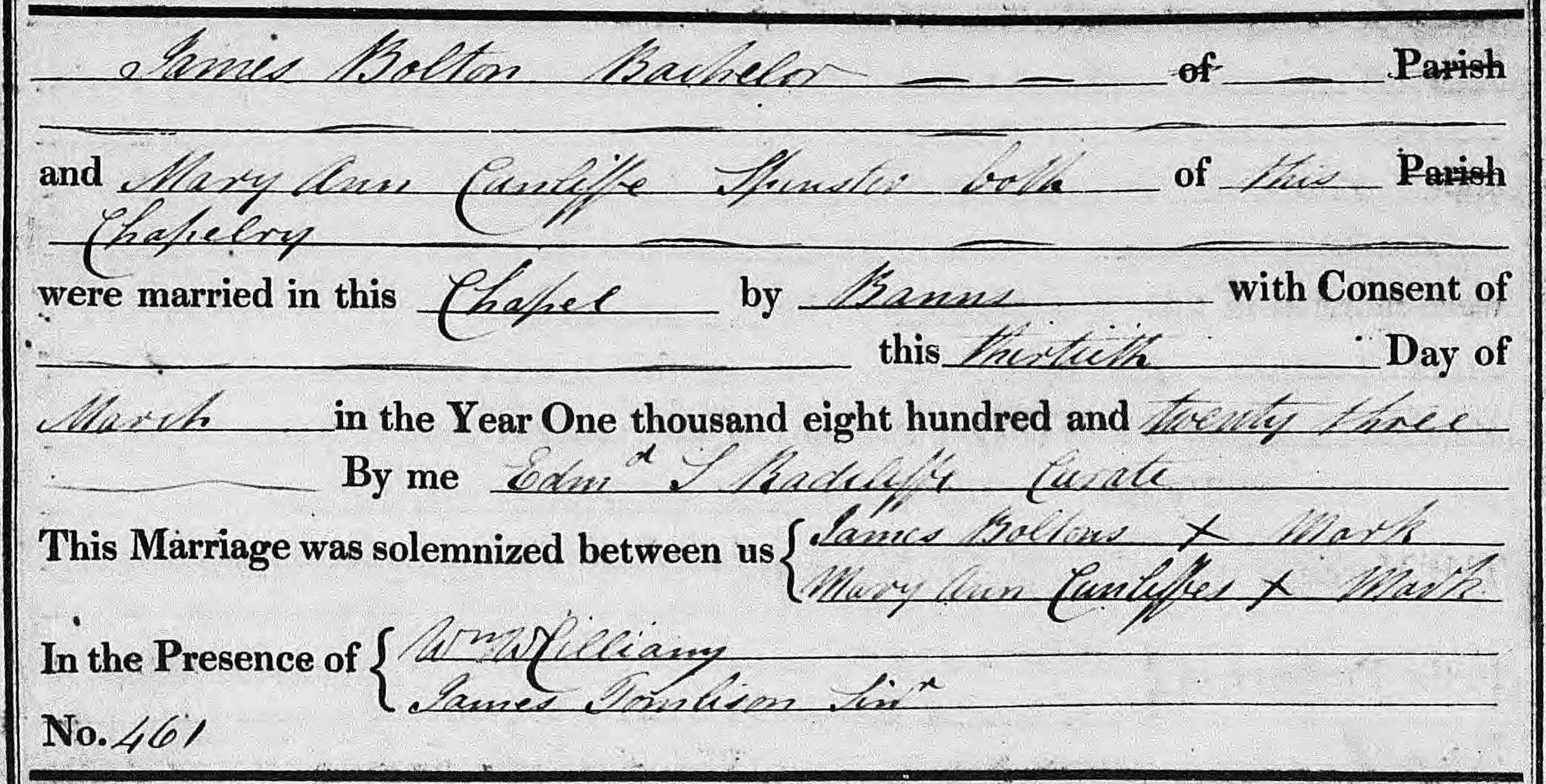 Taken on March 30th, 1823 and sourced from Certificate - Marriage.