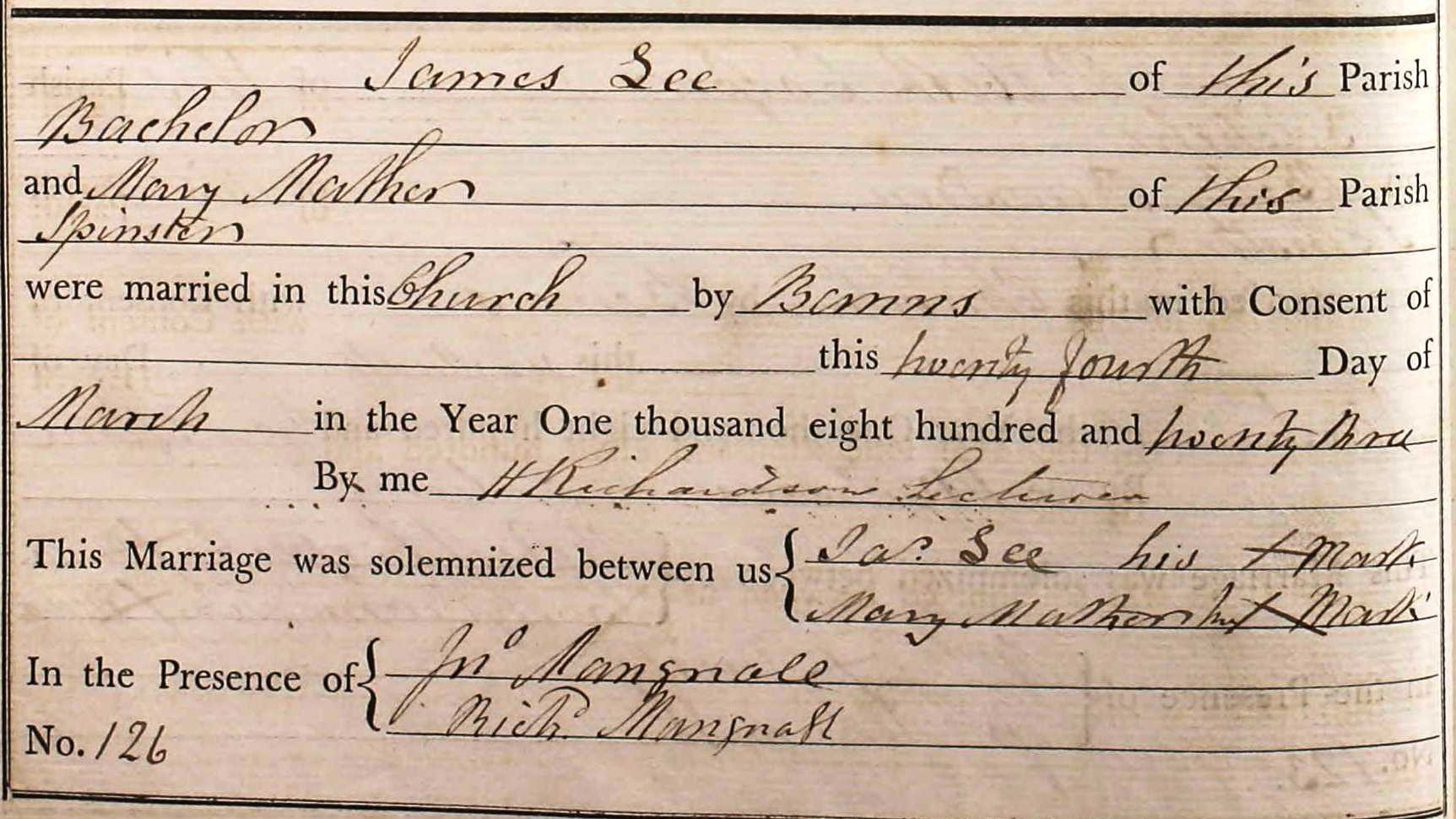 Taken on March 24th, 1823 and sourced from Certificate - Marriage.