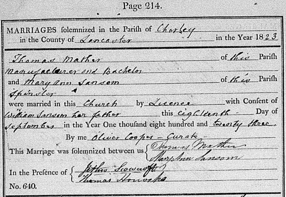 Taken on September 18th, 1823 and sourced from Certificate - Marriage.