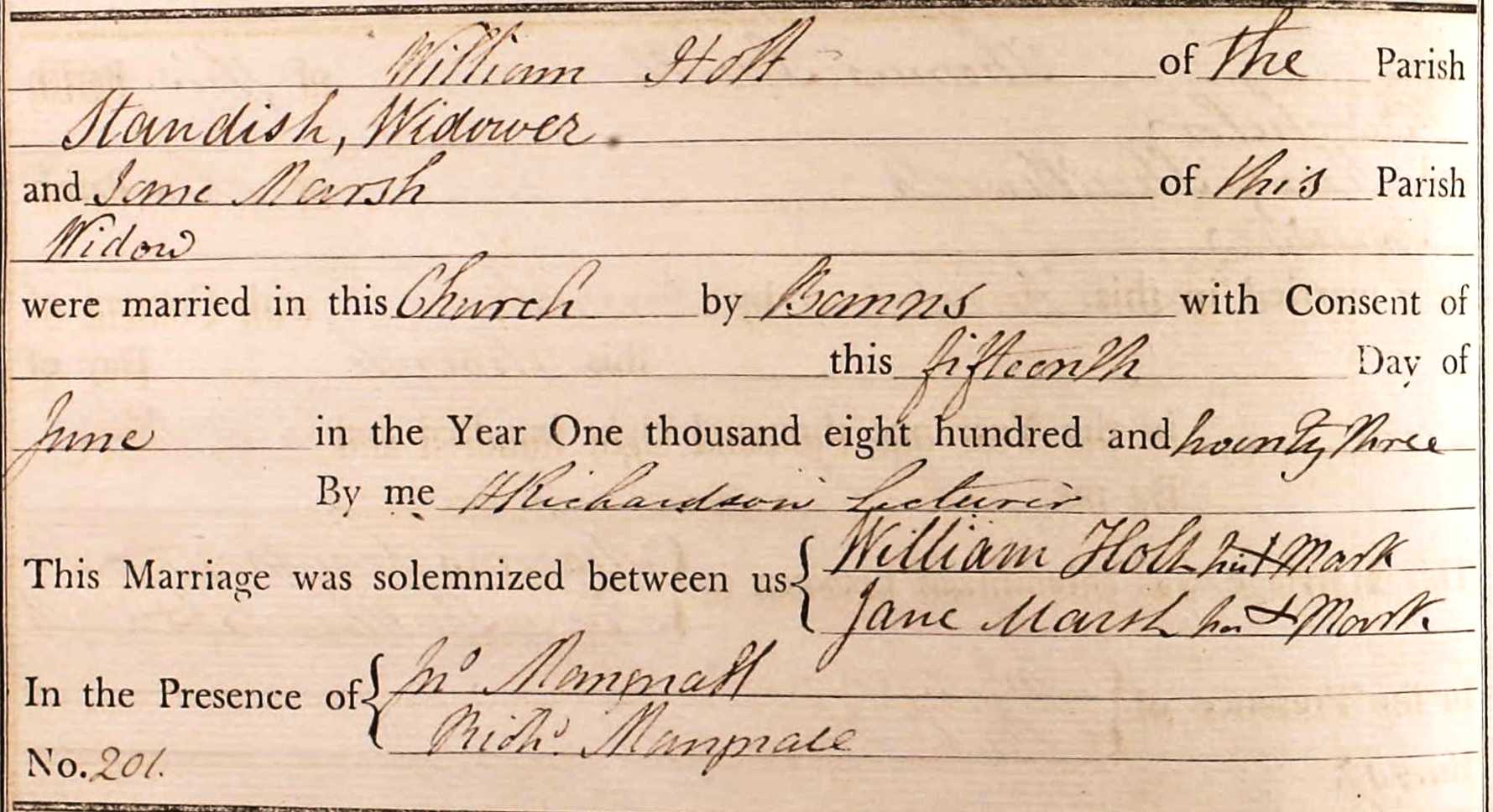 Taken on June 15th, 1823 and sourced from Certificate - Marriage.