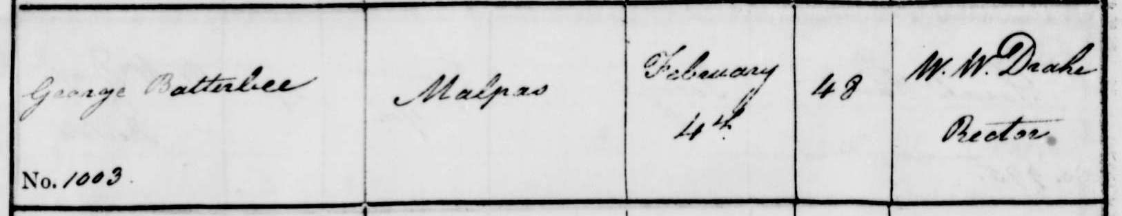 Taken on February 4th, 1824 in Malpas and sourced from Burial Rocords - Malpas.