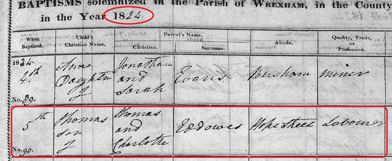 Taken on April 5th, 1824 and sourced from Certificate - Baptism.