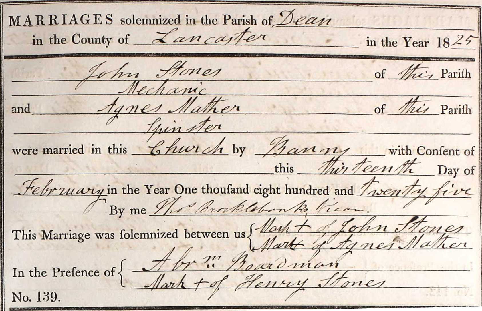 Taken on February 13th, 1825 and sourced from Certificate - Marriage.