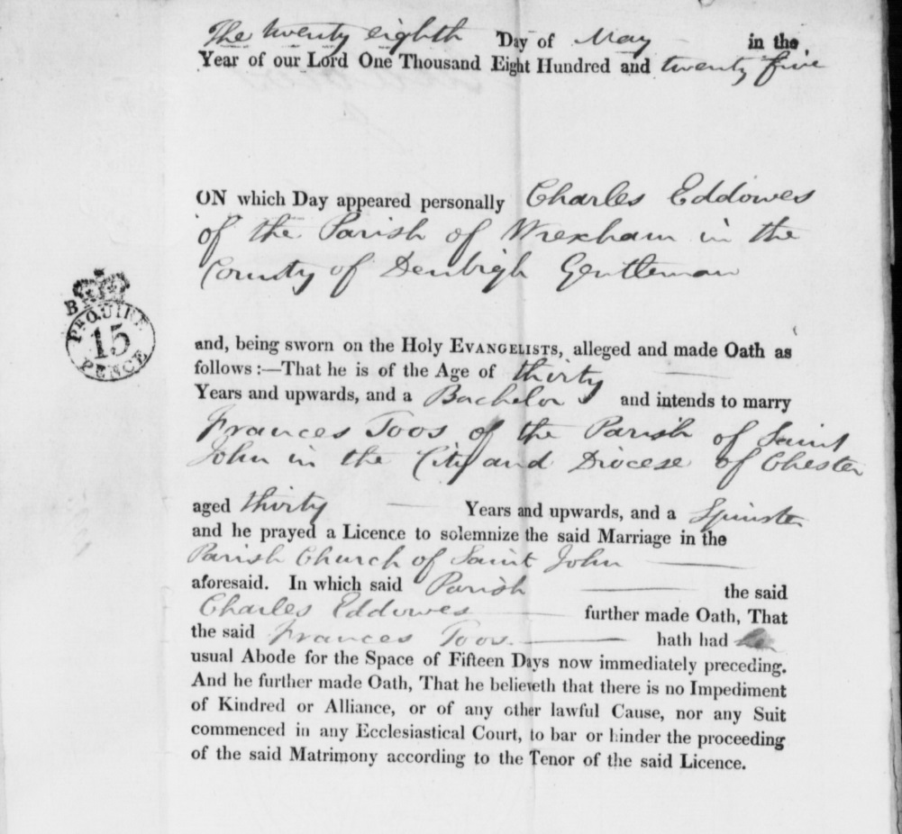 Taken on May 28th, 1825 and sourced from Certificate - Marriage.