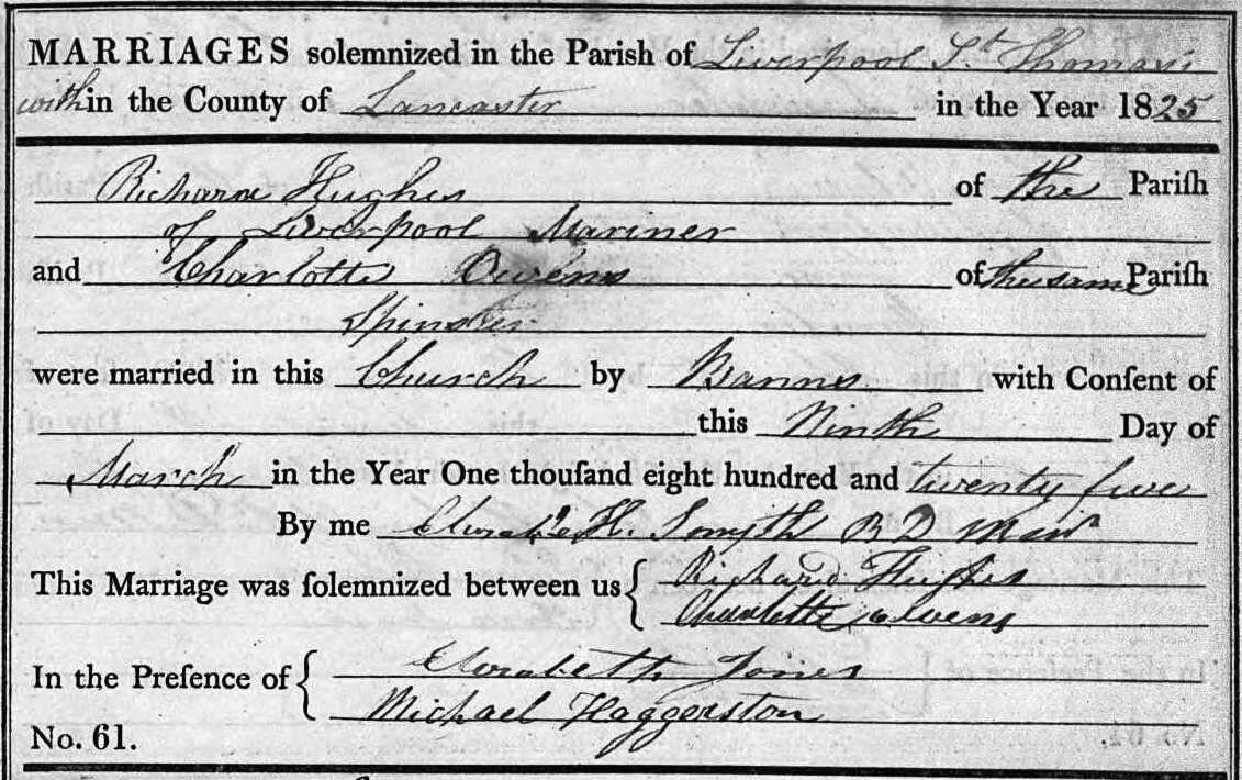 Taken on March 9th, 1825 and sourced from Certificate - Marriage.