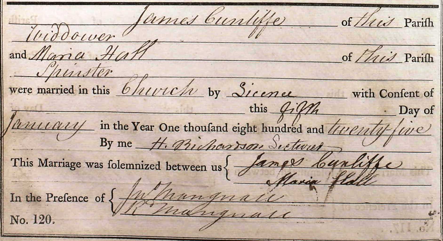 Taken on January 5th, 1825 and sourced from Certificate - Marriage.