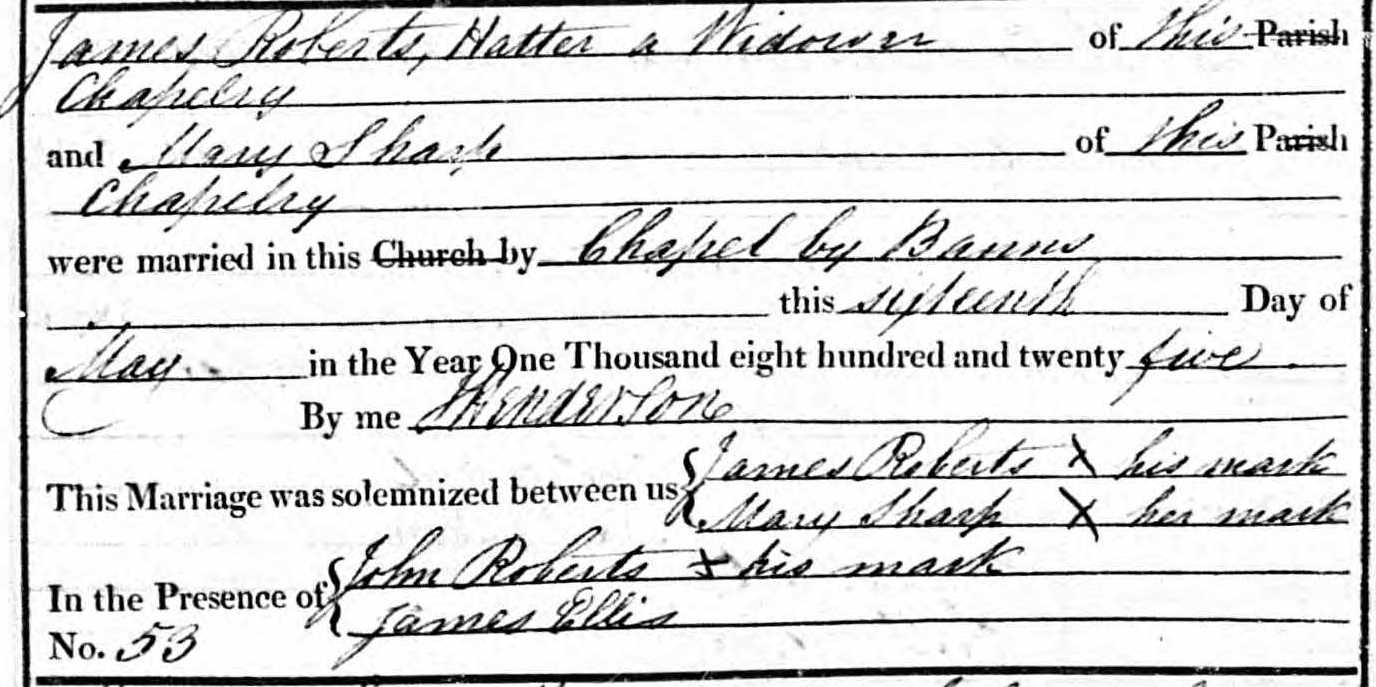 Taken on May 16th, 1825 and sourced from Certificate - Marriage.