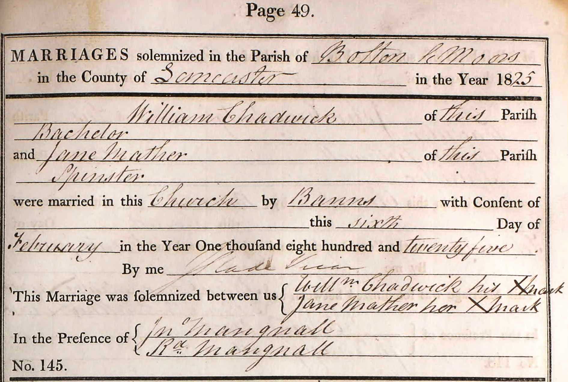 Taken on February 6th, 1825 and sourced from Certificate - Marriage.