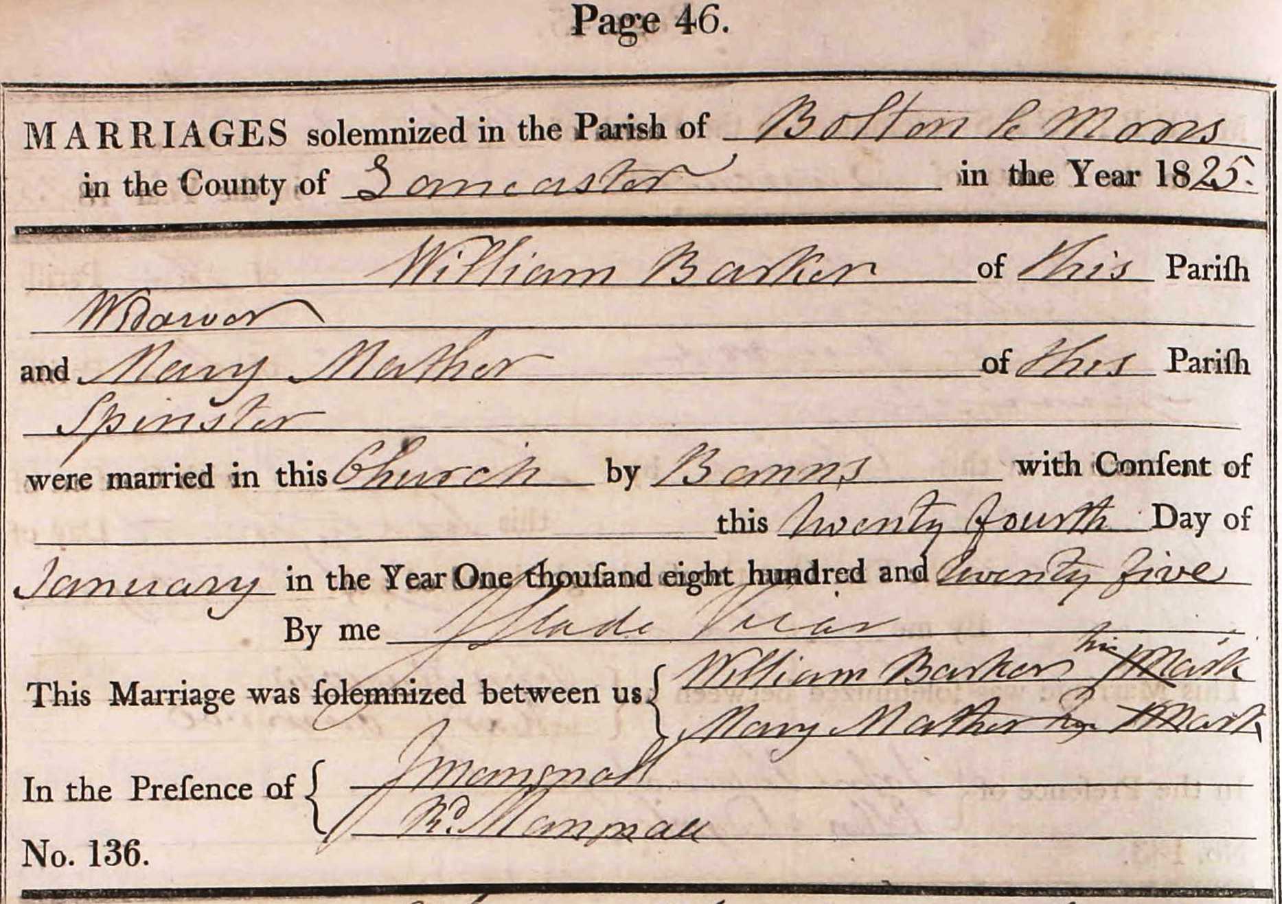 Taken on January 24th, 1825 and sourced from Certificate - Marriage.