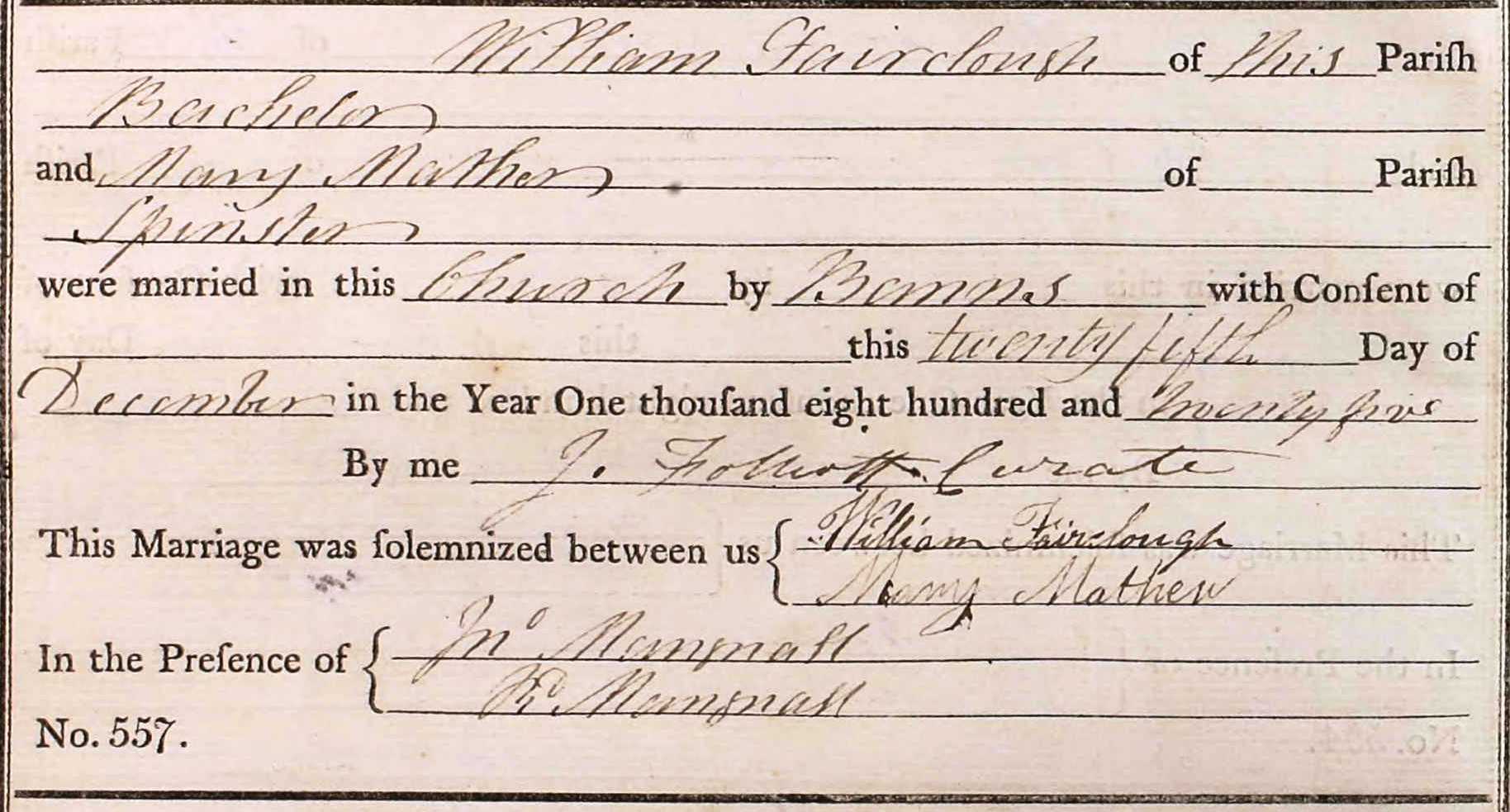 Taken on December 25th, 1825 and sourced from Certificate - Marriage.