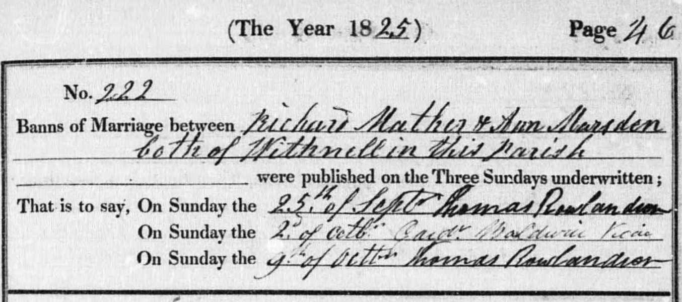 Taken on October 9th, 1825 and sourced from Certificate - Banns / License.