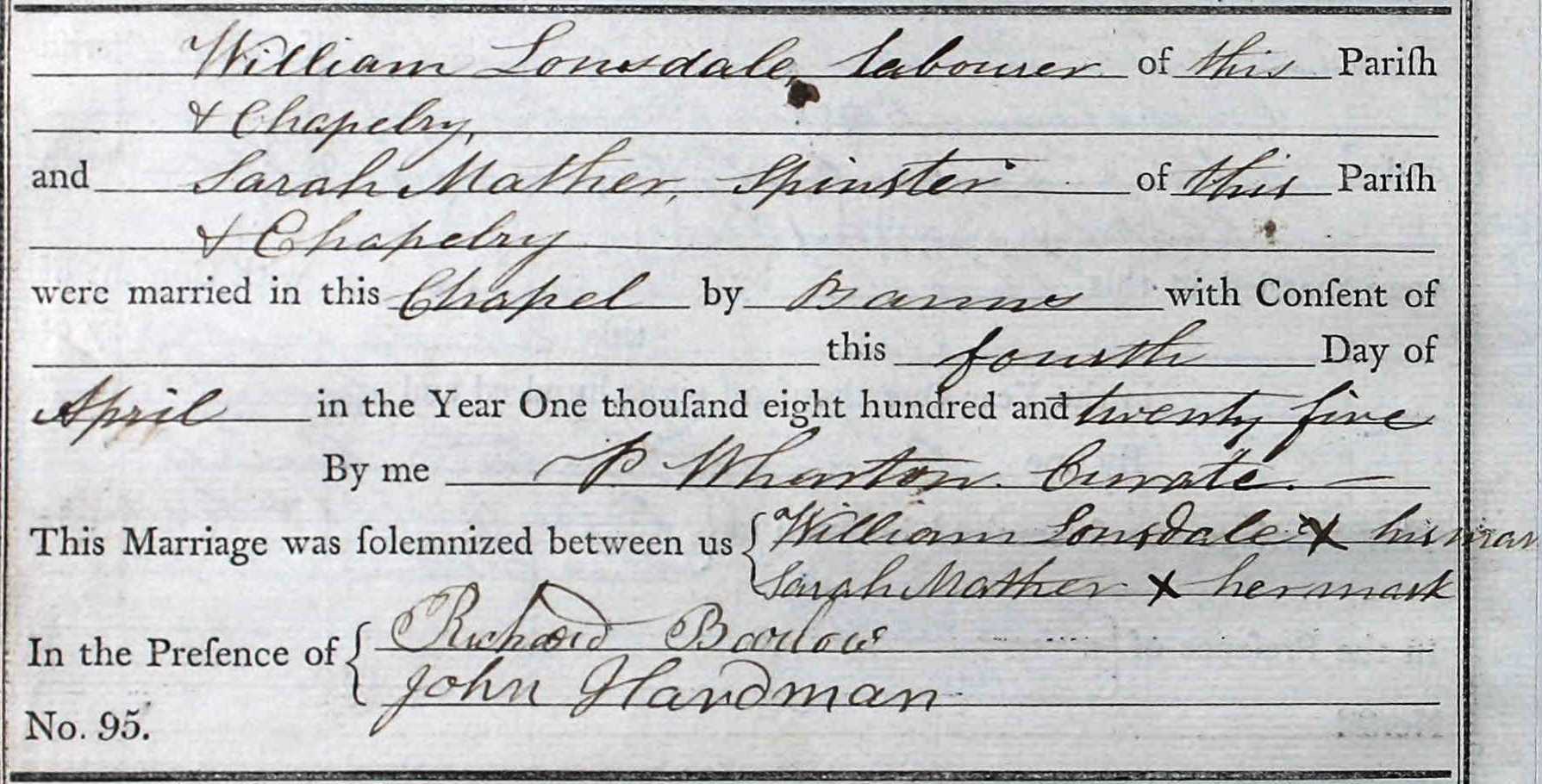 Taken on April 4th, 1825 and sourced from Certificate - Marriage.