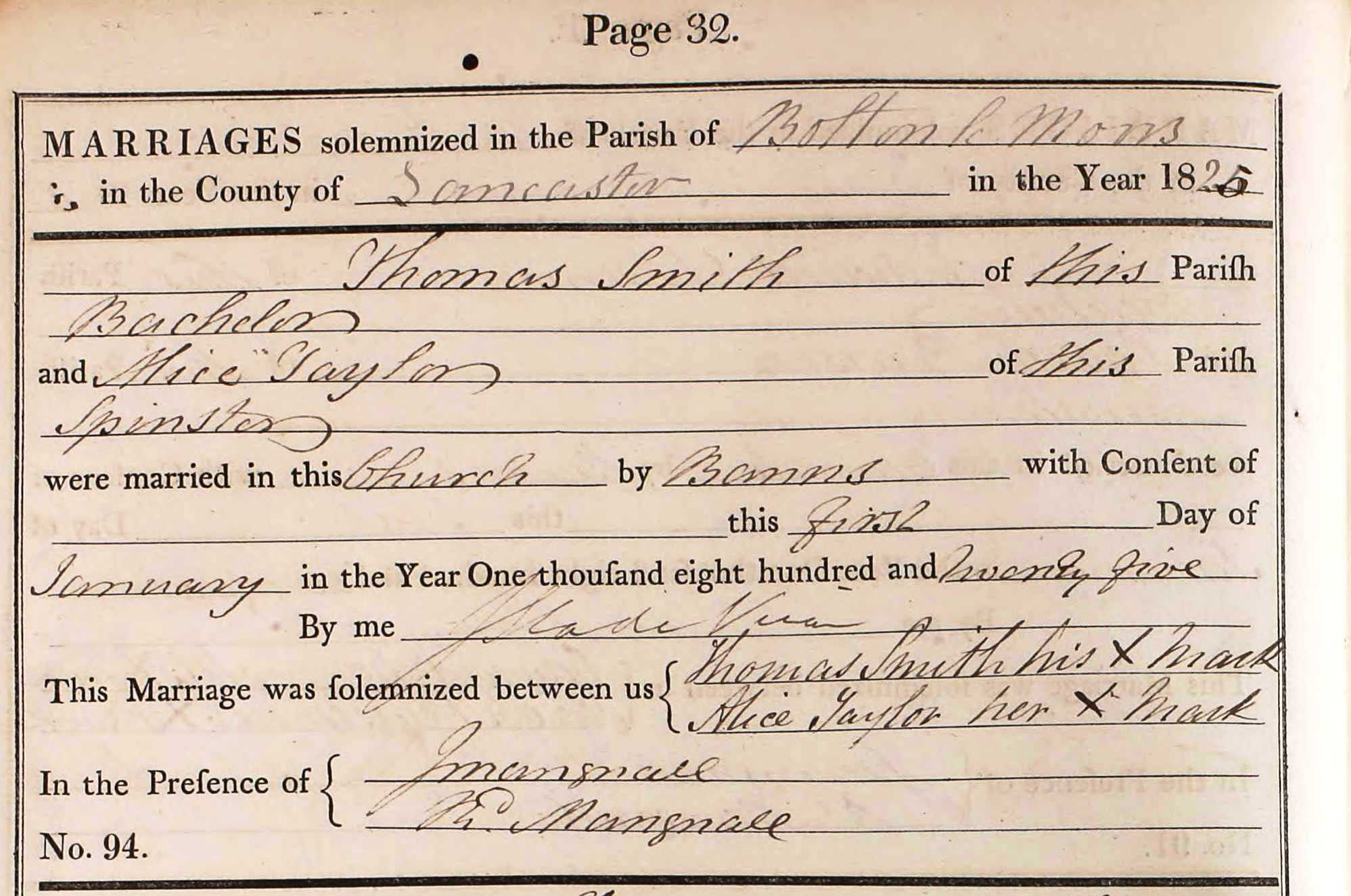 Taken on January 1st, 1825 and sourced from Certificate - Marriage.