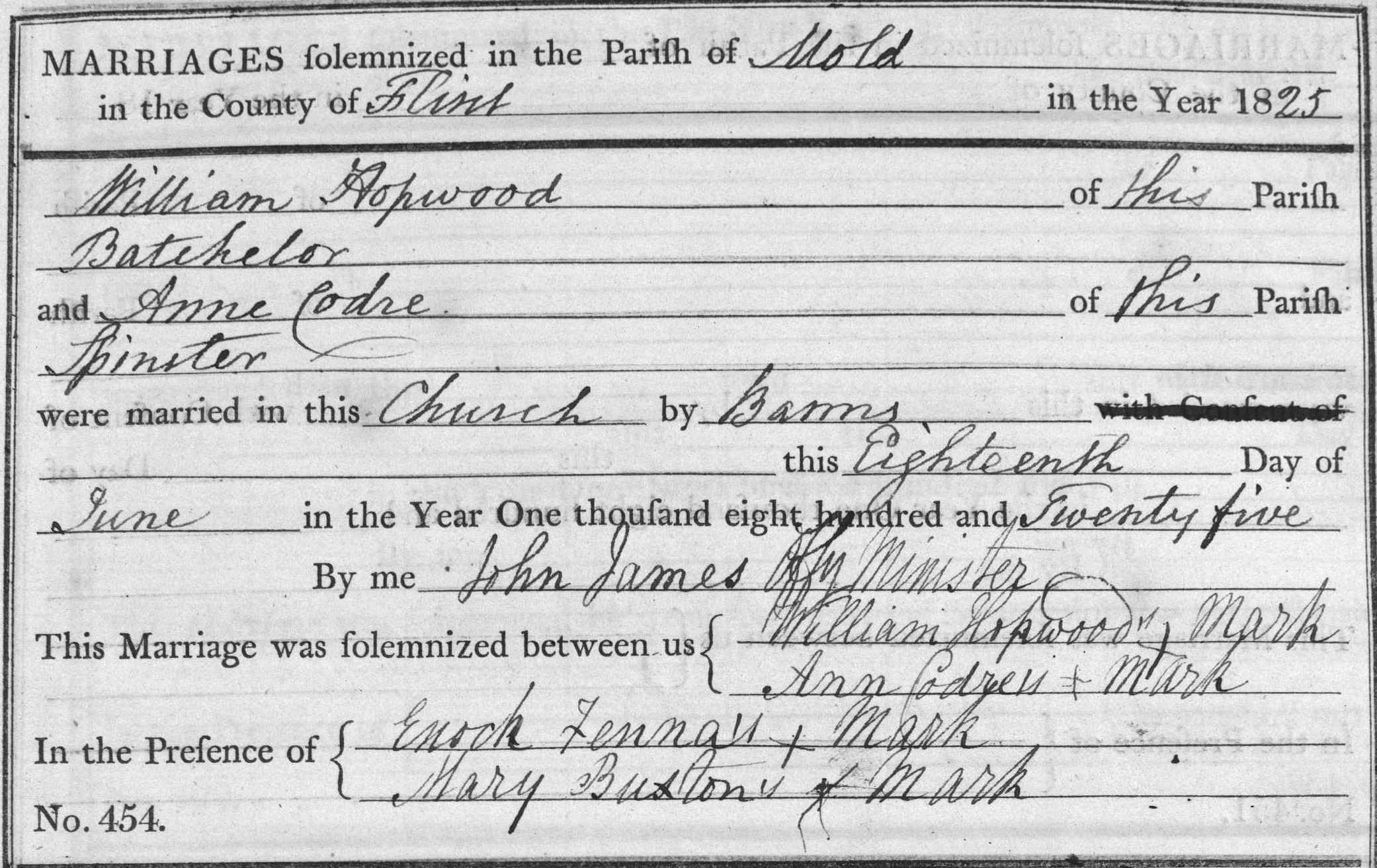 Taken on June 18th, 1825 in Mold and sourced from Certificate - Marriage.