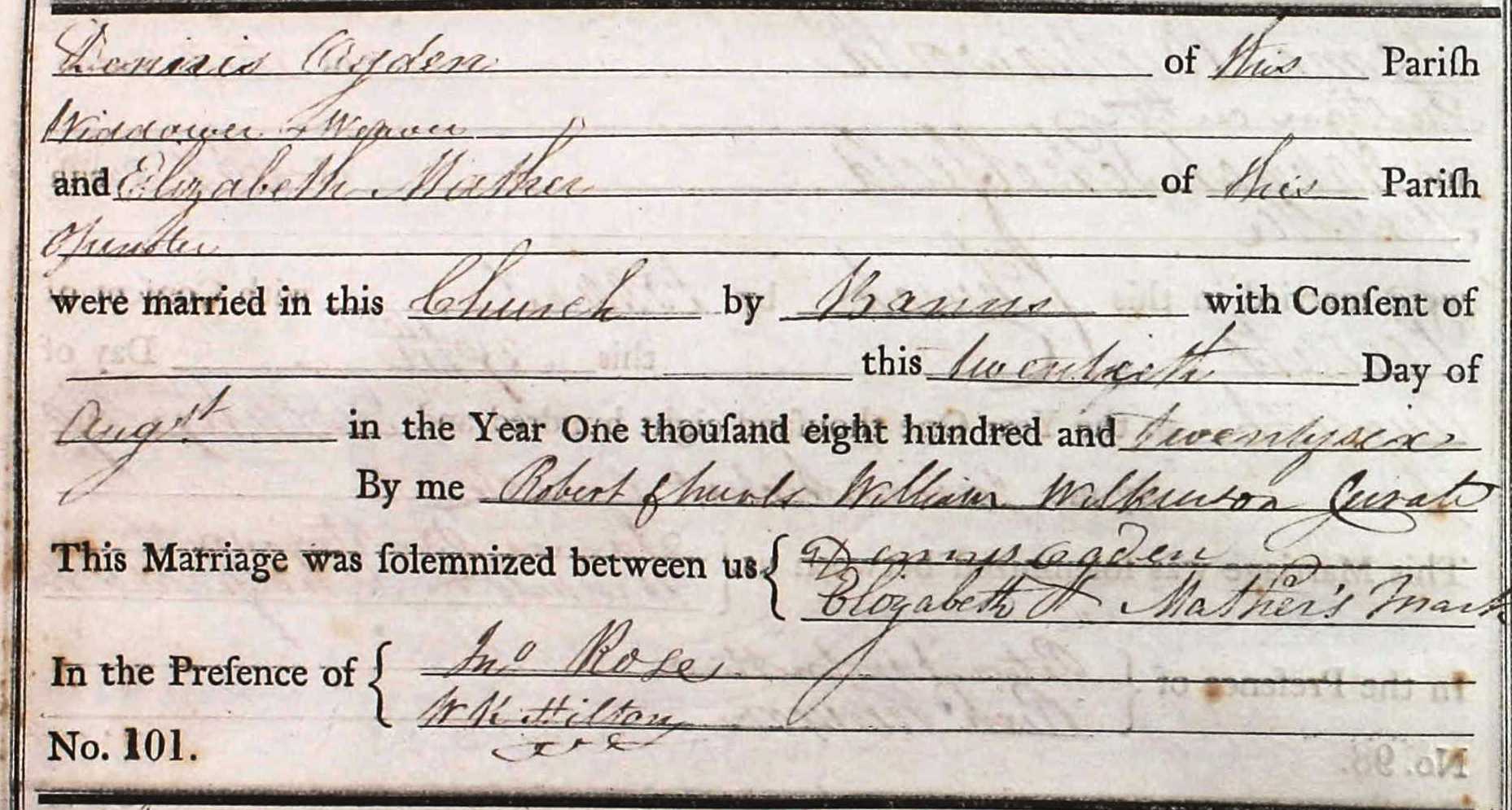 Taken on August 20th, 1826 and sourced from Certificate - Marriage.