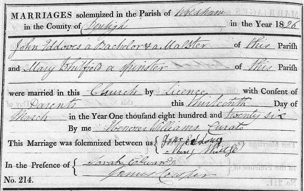 Taken on March 13th, 1826 in Wrexham and sourced from Certificate - Marriage.