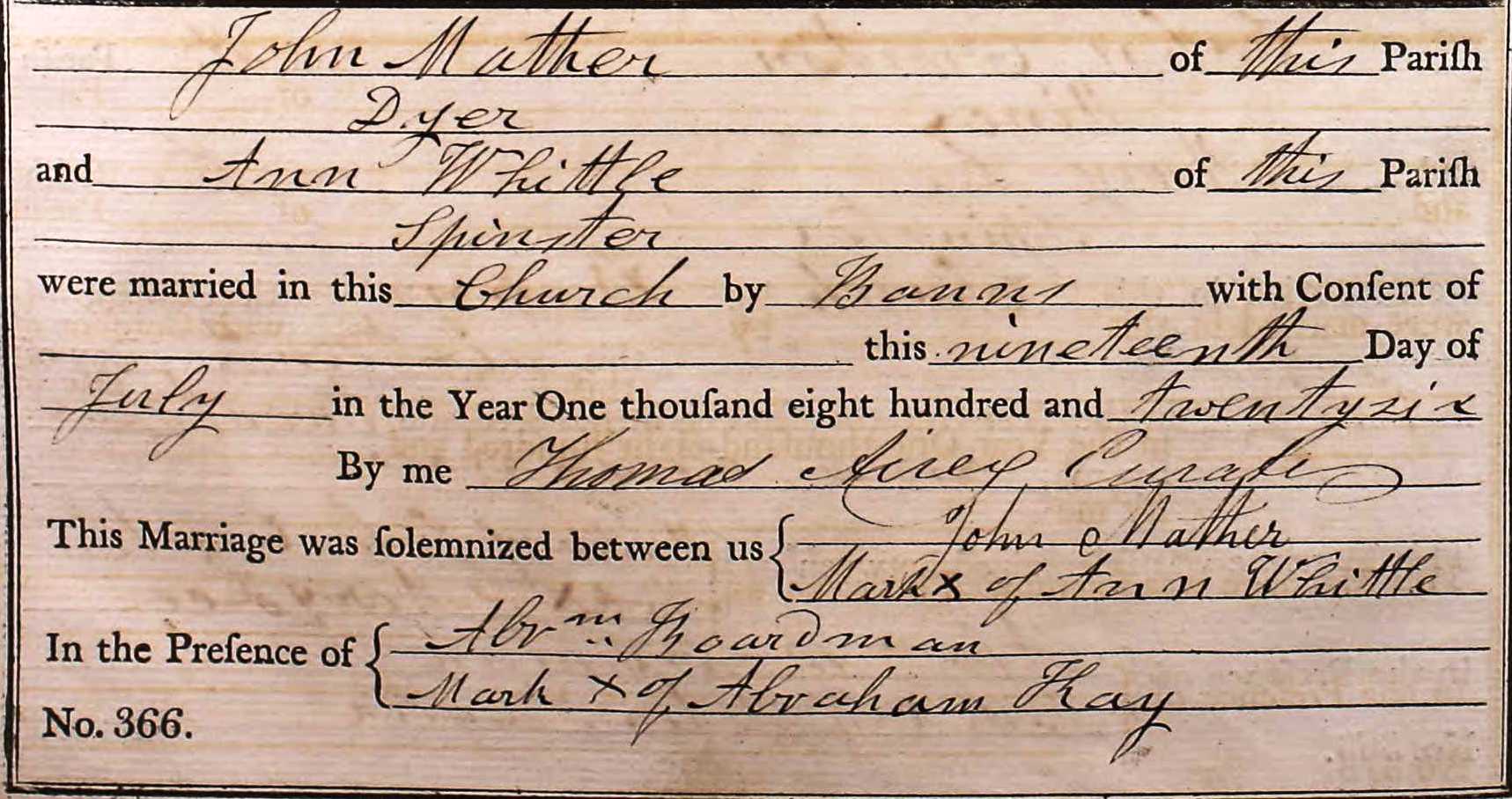 Taken on July 19th, 1826 and sourced from Certificate - Marriage.