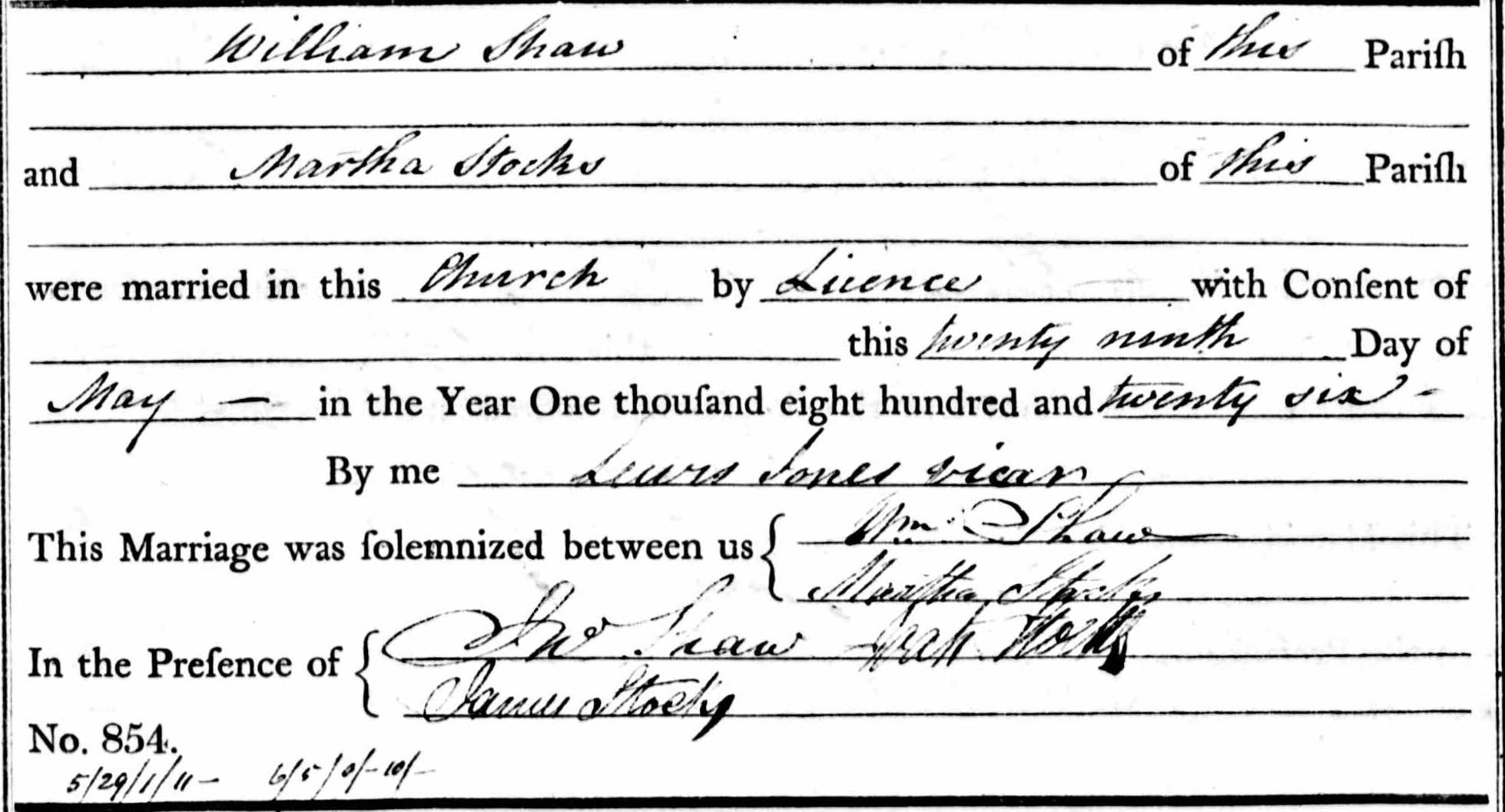 Taken on May 29th, 1826 and sourced from Certificate - Marriage.