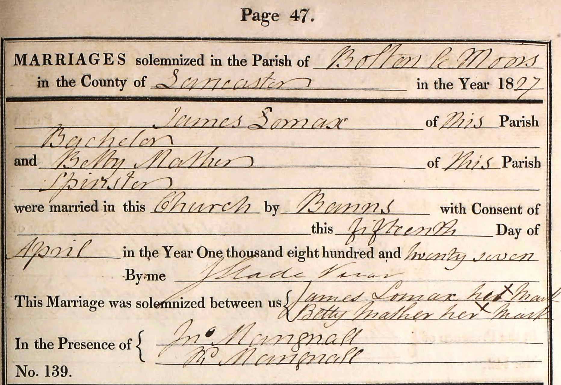 Taken on April 15th, 1827 and sourced from Certificate - Marriage.