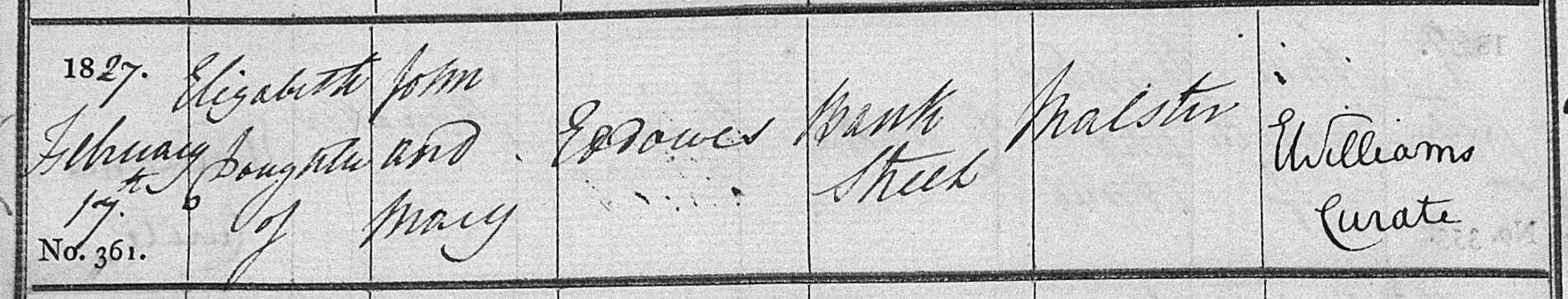 Taken on February 17th, 1827 in Wrexham and sourced from Certificate - Baptism.