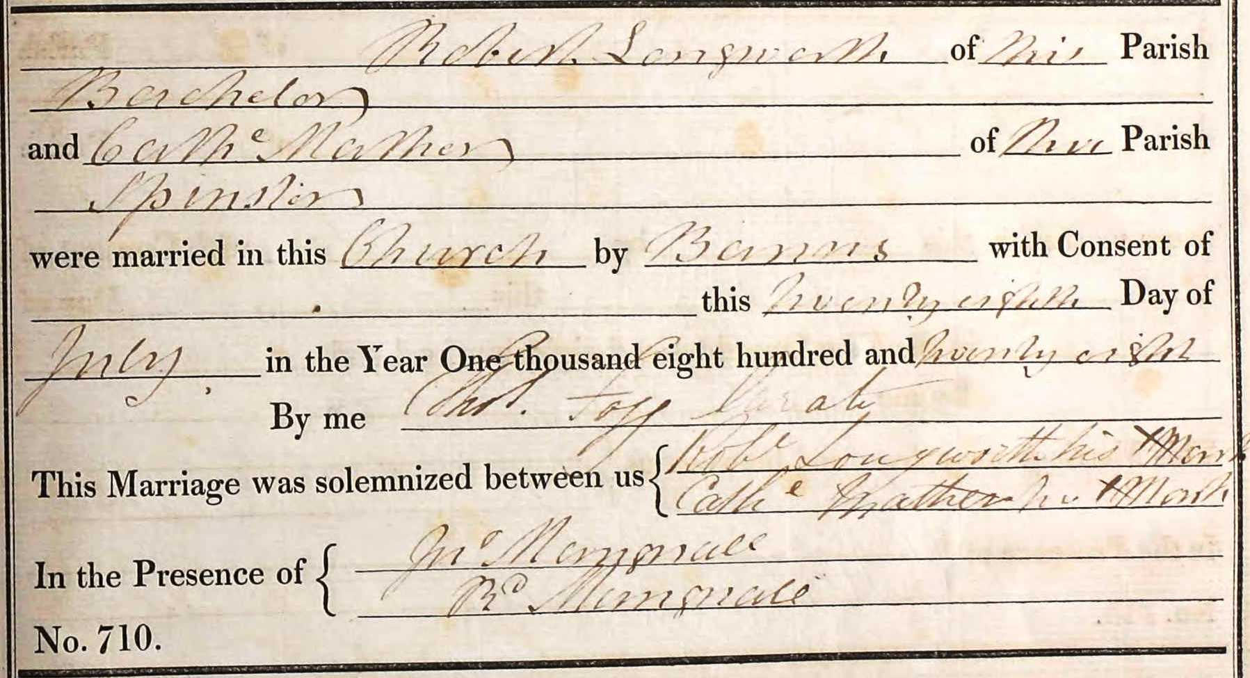 Taken on July 28th, 1828 and sourced from Certificate - Marriage.